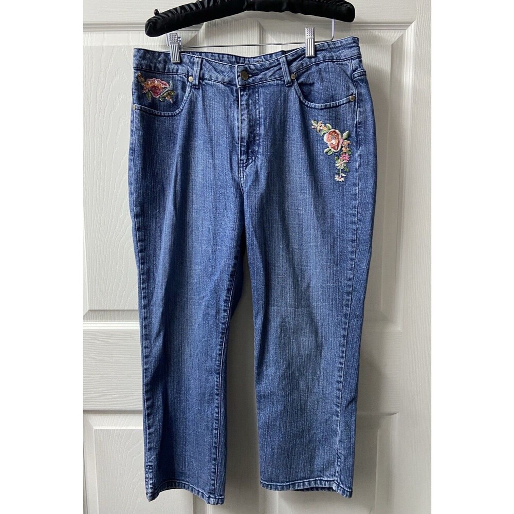 Kikit Capri Jeans Womens 12 Blue Denim Embroidered Embellished Boho Peasant